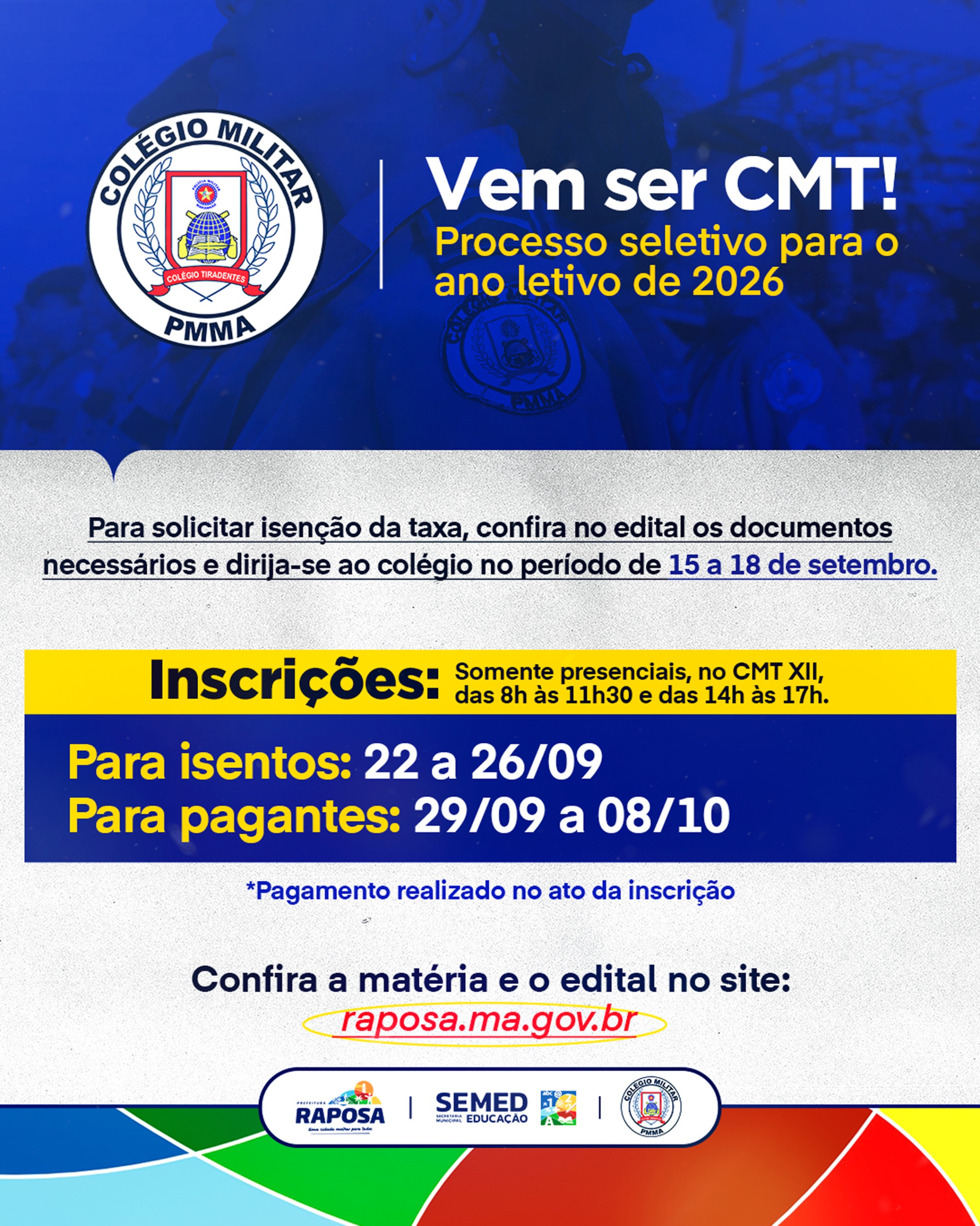 Colégio Militar Tiradentes XII de Raposa divulga período de inscrições para o processo seletivo 2026