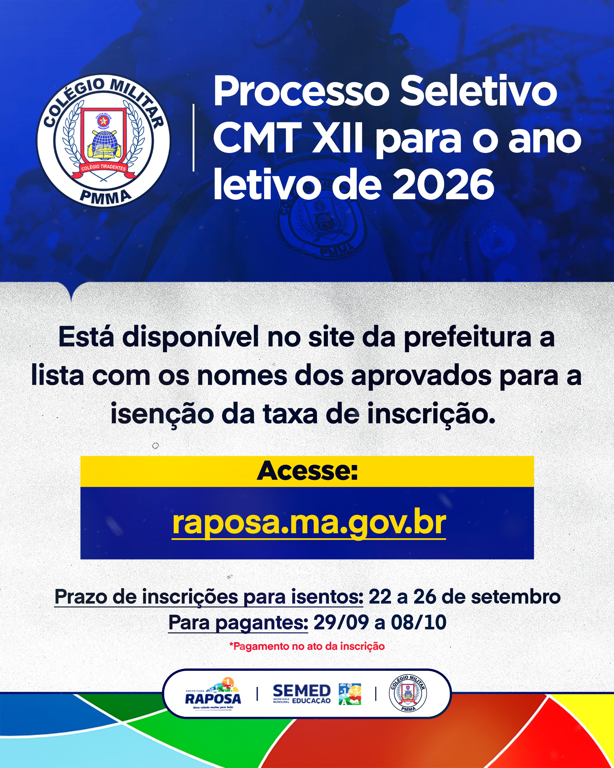 Colégio Militar Tiradentes XII divulga lista de isentos do Processo Seletivo para 2026