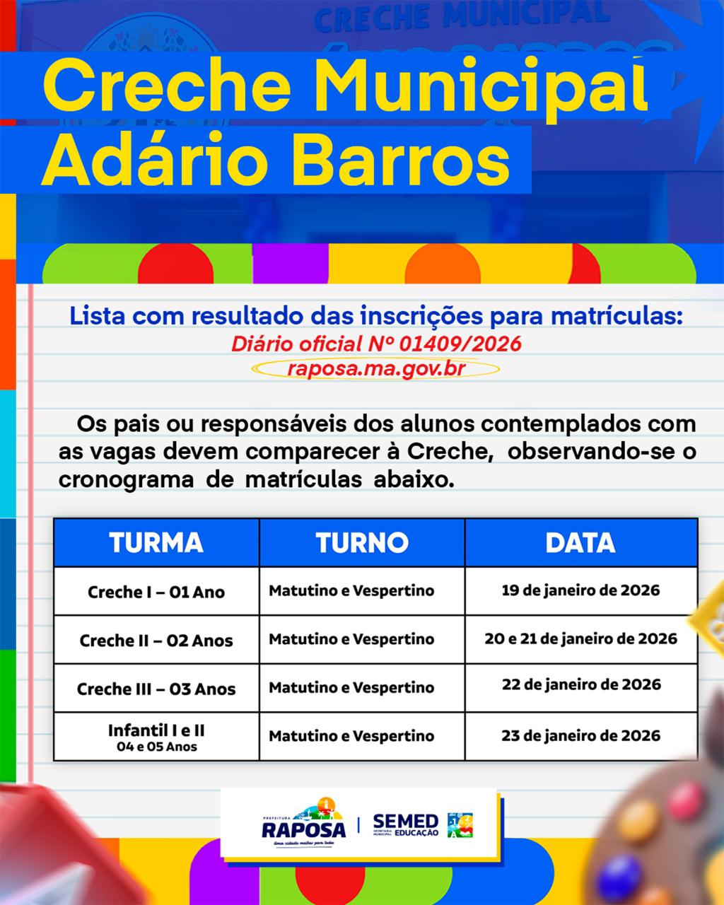Prefeitura de Raposa torna público resultado das inscrições para a Creche Adário Barros